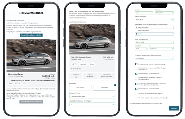 Screenshots des Leasing Prozesses im jjimm lead assistent